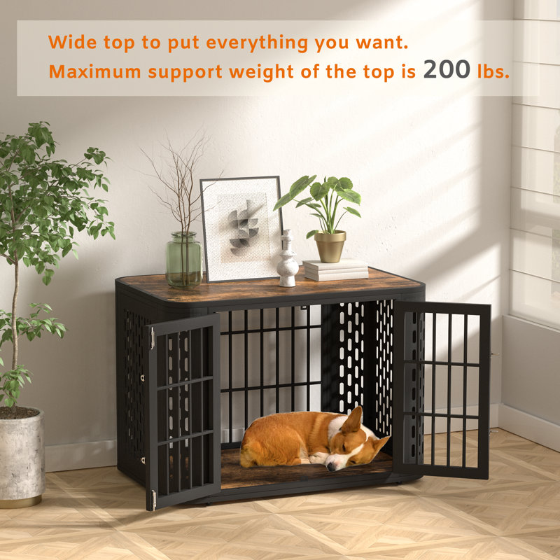 42 Inch Rounded Corner Dog Crate Furniture Heavy Duty Kennel for Medium and Large Dogs Decorative Pet Cage End Table Indoor Black Gray